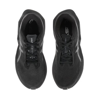 Women's black lace-up running shoes, top view showing mesh texture and padded collar.