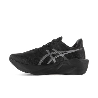 Women's black running shoes, side view with ASICS stripe logo and lace-up mesh upper.