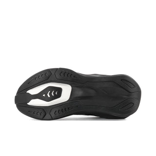 Women's black running shoes, outsole view with tread pattern and cushioned rocker profile.