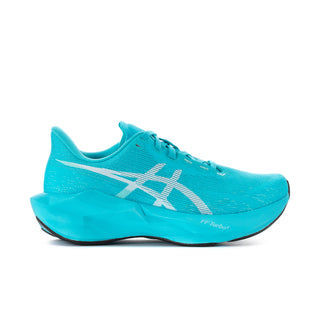 Women's turquoise running shoes with knit upper, white logo stripe, lace-up.