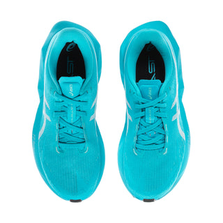 Women's turquoise running shoes, tongue and lace-up closure visible from above.