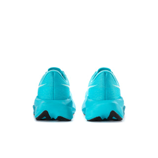 Women's turquoise running shoes, rear view with cushioned heel and black accents.