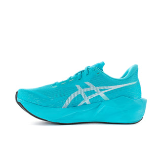 Women's turquoise running shoes with white logo stripe and breathable knit upper.