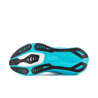 Turquoise running shoe outsole view with traction lugs and white side panels.