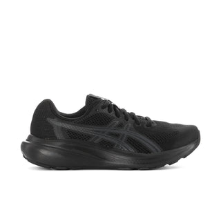 Women’s black running shoes with mesh upper, lace-up closure, and cushioned sole