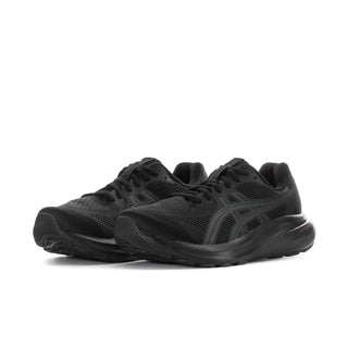 Women’s black running shoes, side view, lace-up with textured mesh and molded overlays