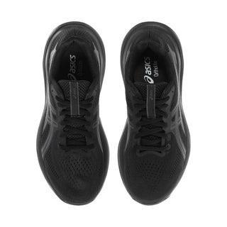 Women’s black running shoes, top view of both uppers with lace-up and logo tabs