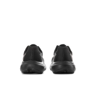 Women’s black running shoes, back view with cushioned heel and lace-up collar