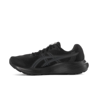 Women’s black running shoes, angled side view with lace-up and patterned midsole