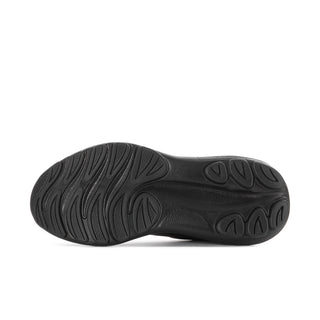 Women’s black running shoes outsole view with tread pattern and cushioned forefoot
