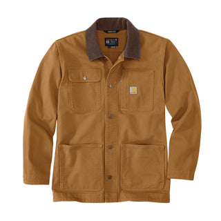 Men's brown denim sherpa jacket with button front and two chest pockets