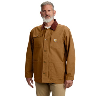Brown denim jacket with sherpa-lined collar, two front pockets, button closure