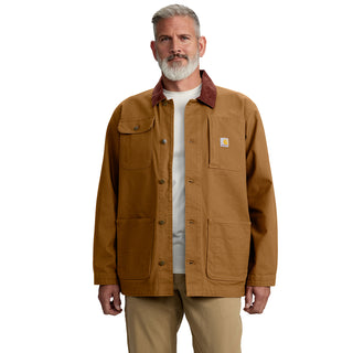 Brown denim jacket with sherpa-lined collar and buttoned chest pockets