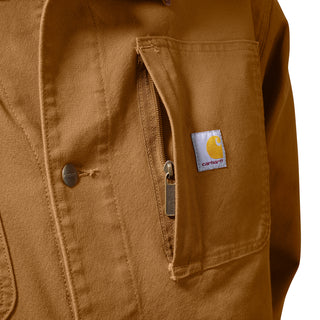 Brown denim jacket side with zip pocket opening and Carhartt label