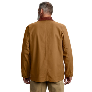 Back view of brown denim jacket with sherpa collar trim and buttoned yoke