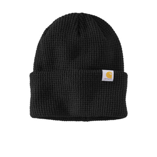 Black waffle knit cuffed beanie with fold-up brim and small logo patch