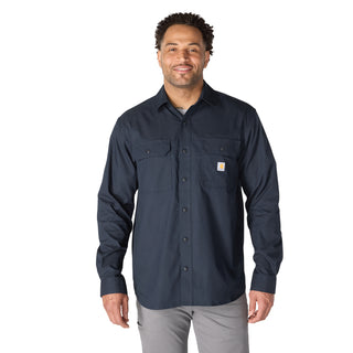 Men's navy long-sleeve button-up shirt with chest pockets and logo patch