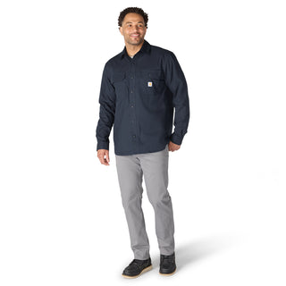Men's navy long-sleeve button-up shirt, side view, button front and chest pockets