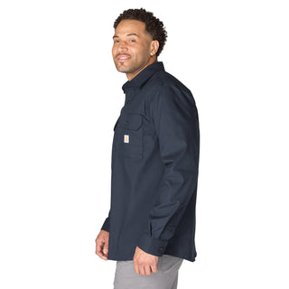 Men's navy long-sleeve button-up shirt, profile view, chest pocket with logo