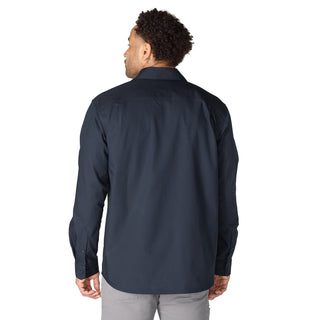 Men's navy long-sleeve button-up shirt back view, full-length sleeves