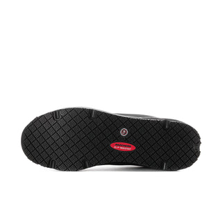 Women’s black sneaker outsole with grippy tread pattern and brand stamp center