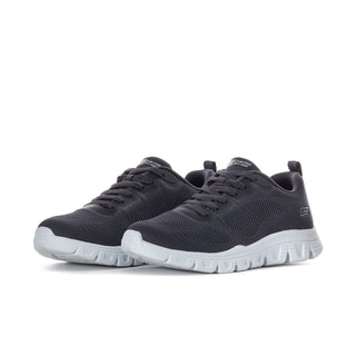 Dark navy knit lace-up sneakers, side view with white sole and tread