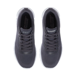 Dark navy knit shoes with lace-up front and cushioned interior opening
