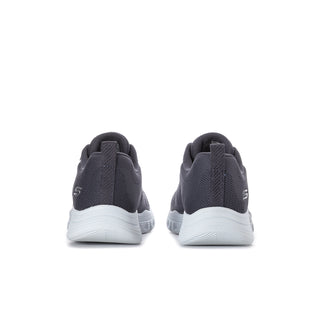 Dark navy knit sneakers, heel and back view with white midsole