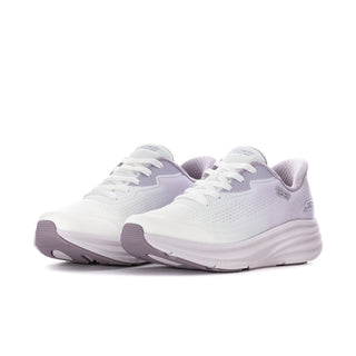 Women's slip-on sneakers, side view, white knit upper with lilac trim and laces