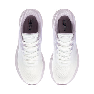 Women's slip-on sneakers, pair front view, white laces, lilac-lined collar