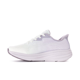 Women's slip-on sneakers, side angle, white upper with lilac paneling and thick sole
