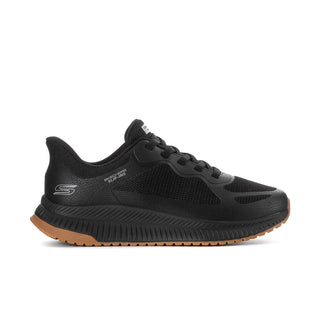 Men's black knit slip-on athletic shoes with gum rubber outsole and laces