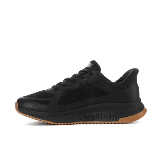 Men's black slip-on athletic shoes with textured upper and gum outsole