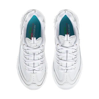 Pair of white sneakers with teal interior lining, padded collar, lace-up front