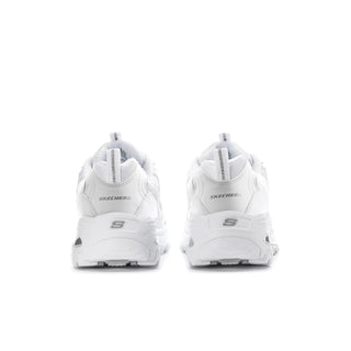 Pair of white sneakers with heel tabs and Skechers branding on the back