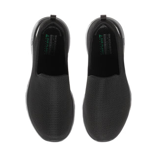 Pair of black slip-on walking shoes with padded collars and mesh-like upper