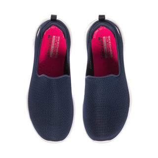 Women's navy slip-on sneaker with bright pink inner lining and size text