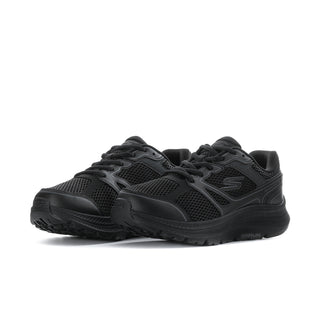 Pair of women's black wide running shoes with layered mesh panels and laces
