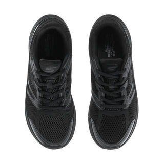 Women's black wide running shoes, front view with breathable mesh and laces