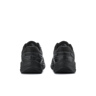 Women's black wide running shoes, rear view with padded heel and lace-up