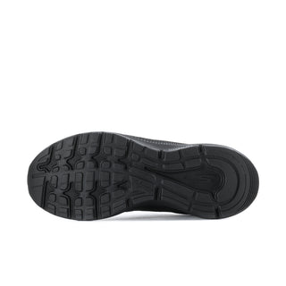 Women's black wide running shoes with textured rubber outsole tread