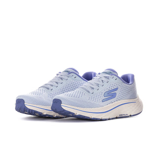 Women's light blue running shoes, knit upper with blue S logo, white midsole