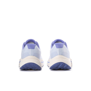 Women's light blue running shoes rear view, white midsole with blue heel accents