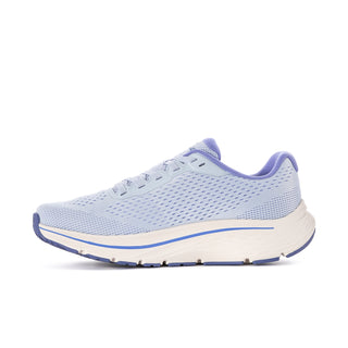Women's light blue running shoe, side S logo, white laces, blue piping and sole