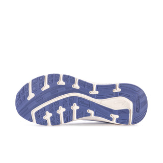 Women's running shoe outsole, blue and white traction pattern, cushioned midfoot