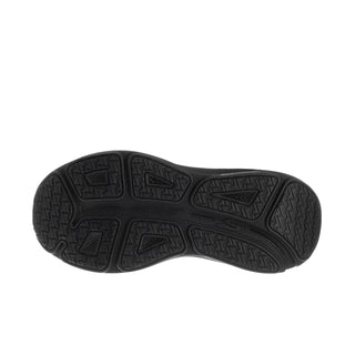 Women's black running shoe outsole with textured traction pattern on rubber tread