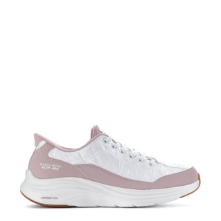 Women’s lace-up foam sneaker, white with lavender panels and brown rubber outsole