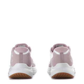 Women’s lace-up sneaker heel, white upper with lavender back and cushioned white midsole