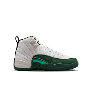 Youth high-top sneakers in white with dark green and black accents, lace-up design