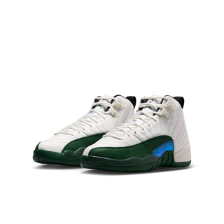 Youth high-top sneakers, white leather with green panels and multi-color side branding
